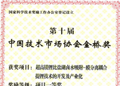 超高镁锂比wofacaidafa黄金版卤水吸附-膜分离耦合提锂技术的开发及产业化获2020年第十届中国技术市场协会金桥奖项目一等奖)